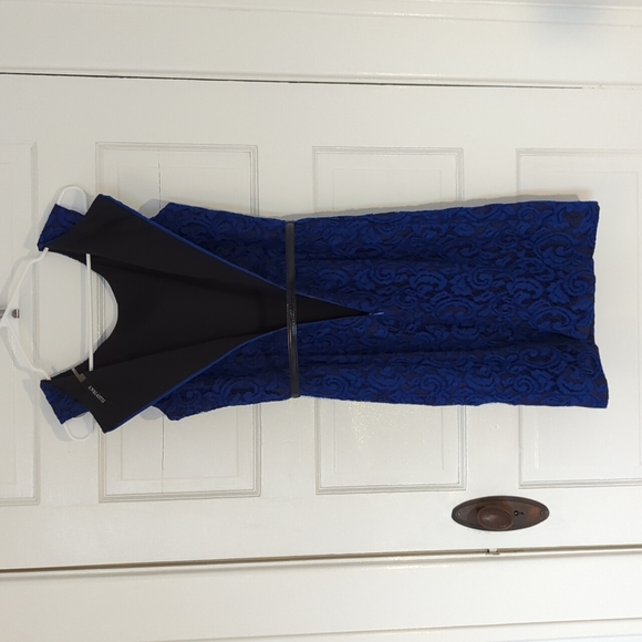 Ellen Tracy sz 2 blue on black lace sleeveless midi dress - Picture 7 of 8
